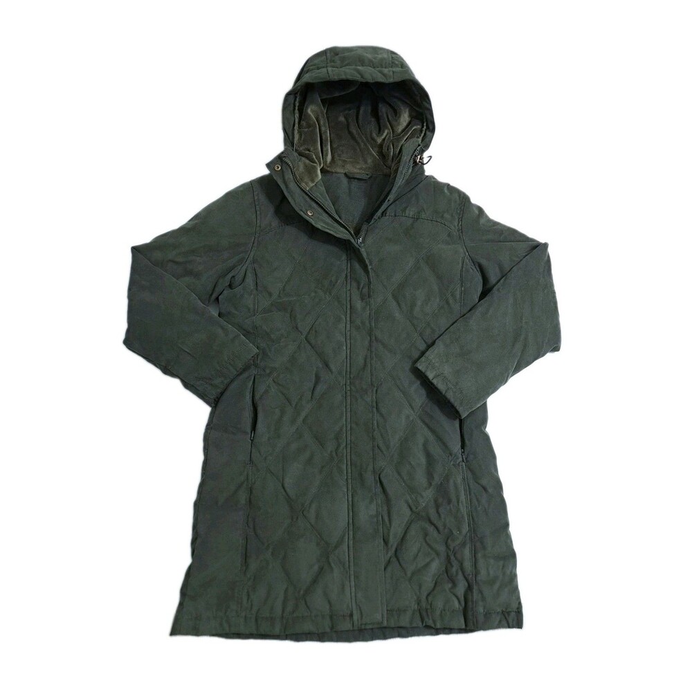 LL Bean Down Winter Jacket Womens Small Petite Green Hooded Long Downtek Quilted